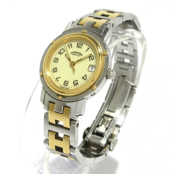 Auth HERMES Clipper CL4.220 1****** Silver Gold Women's Wrist Watch - Picture 2 of 12